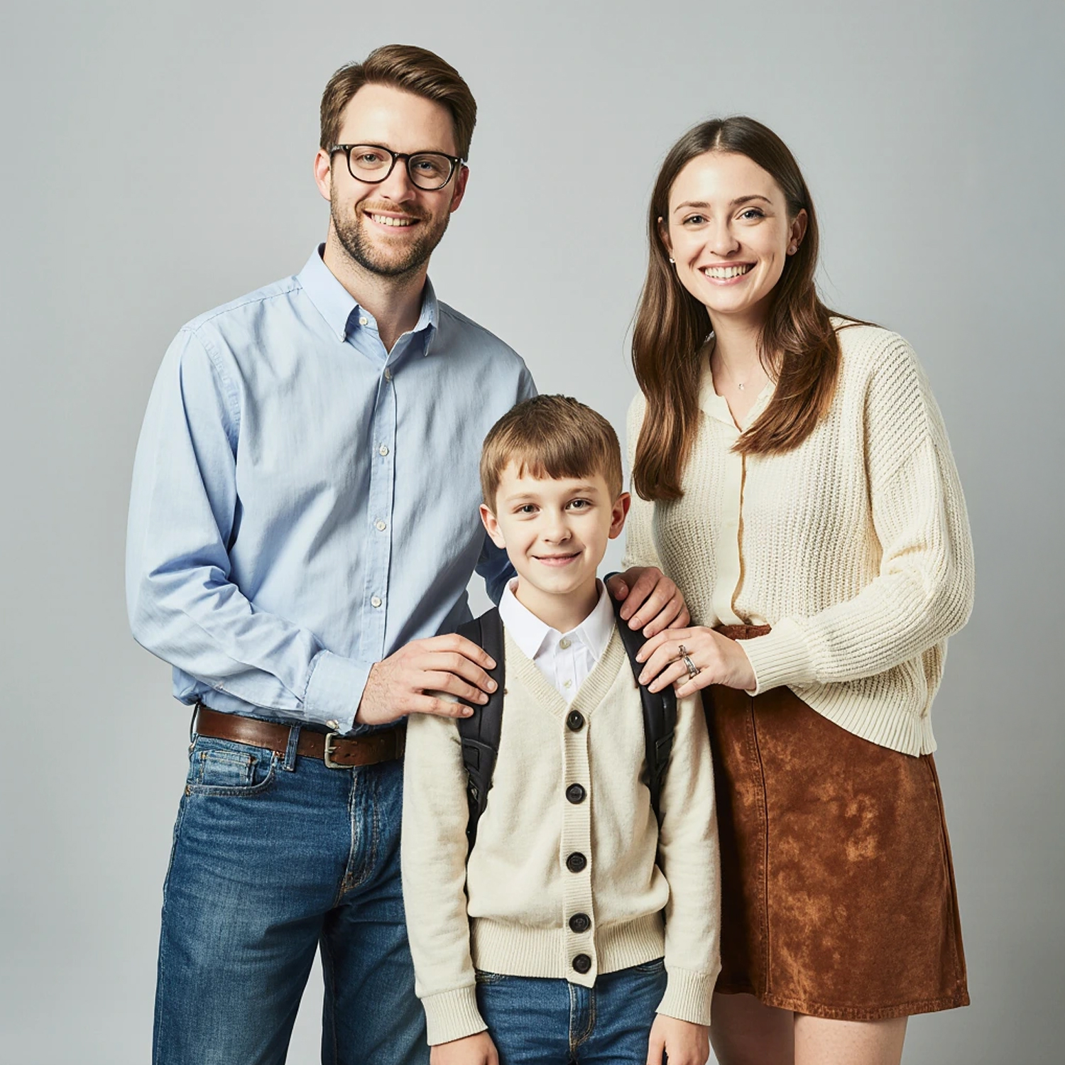 Smiling family of three posing for a studio portrait in cozy fall outfits